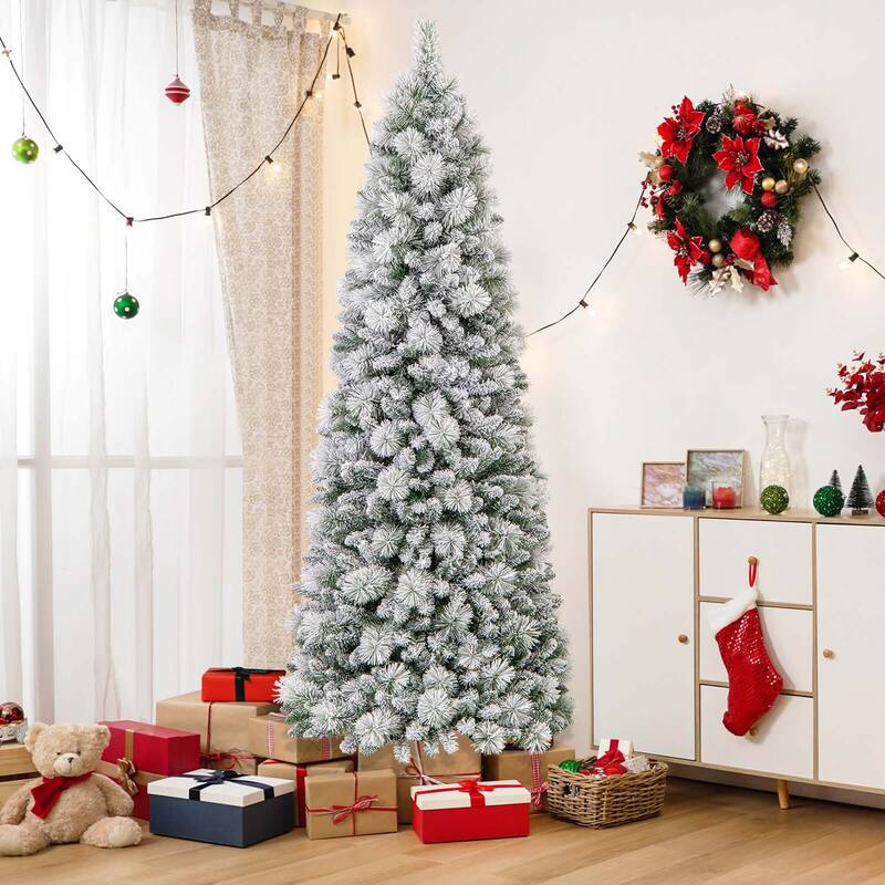 Costway 6/7 FT Flocked Christmas Tree with Pine Needles 517/680 Branch