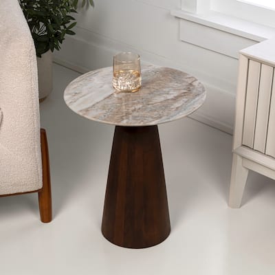 Kaito 18" Round Marble/Wood Accent Table - 15.75L x 15.75W x 18H