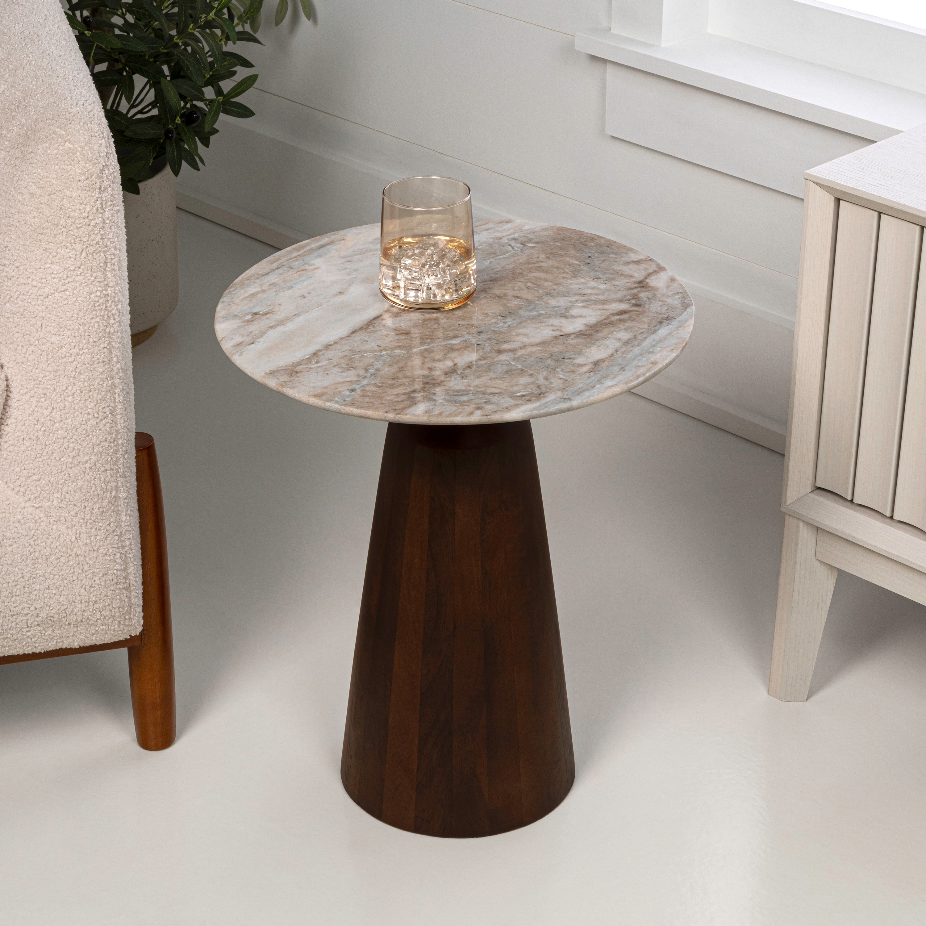 Kaito Modern Round Marble End Table, Stone Top Accent Side Table with Tapered Solid Wood Pedestal Base - 15.75L x 15.75W x 18H