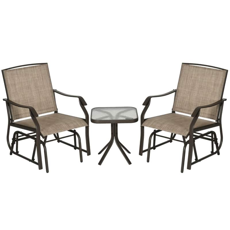 3 Piece Outdoor Glider Chair Set with Tempered Glass Table Powder Coated Steel Frame Breathable Mesh Seating - Mixed Brown