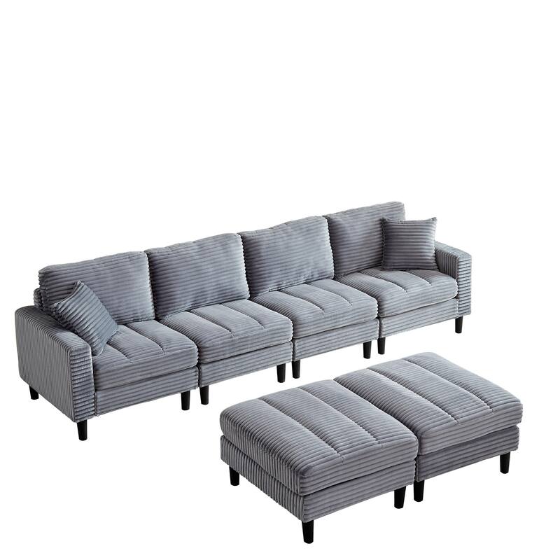 122.5" Corduroy U-Shaped Sectional Sofa with Ottomans & Pillows