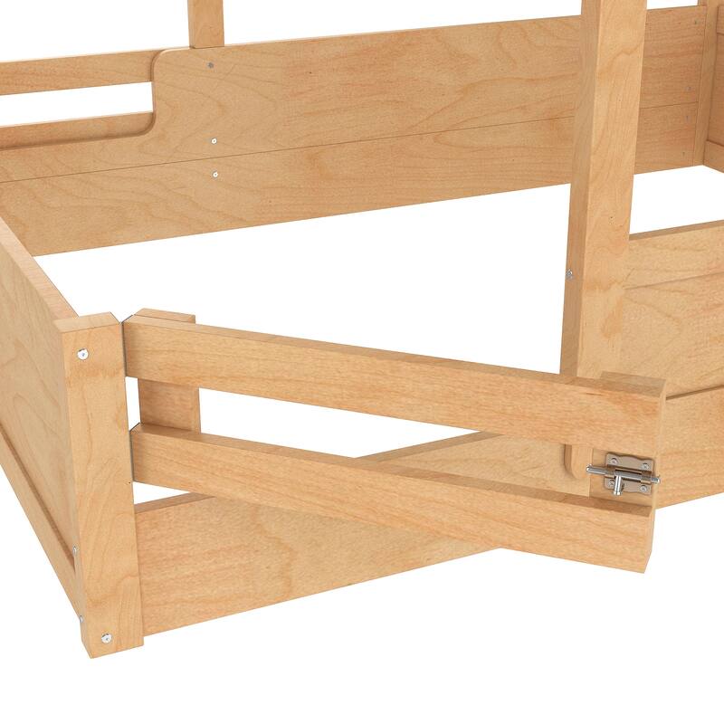 Full Size Floor Bed with Guardrails and Roof, Kids House Floor Bed with a Small Built-in Tray and Free-installed Signboard