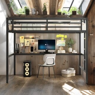 Black Sturdy Metal Full Loft Bed with Desk,USB and LED