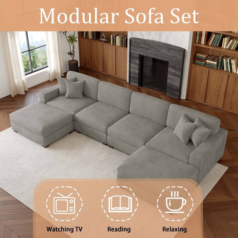 Oversized Chenille Modular Sectional Sofa Conversation Set with 2 Ottomans
