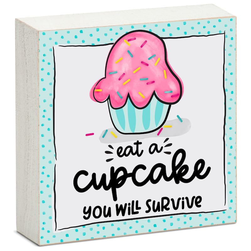 Wood Block Décor Message Eat A Cupcake Sign, 3.75 inches Square, Made in The USA - Multi-53