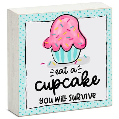 Wood Block Décor Message Eat A Cupcake Sign, 3.75 inches Square, Made in The USA - Multi-53