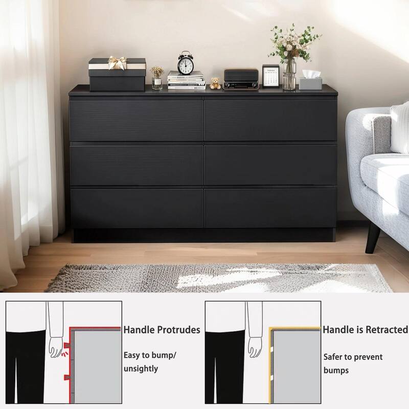 6 Drawer Black Dresser, Modern Bedroom Dresser with Spacious Countertop