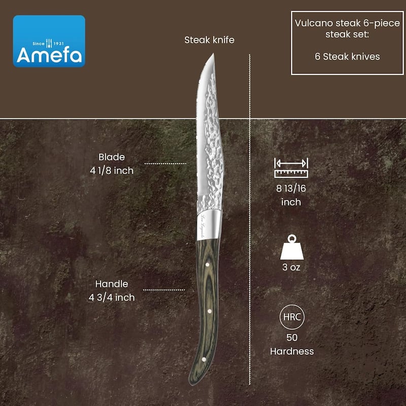 Amefa Set of 6 Lou Laguiole Vulcano Steak Knives - Silver and Pakka Wood