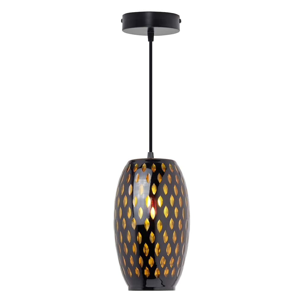Adriana River of Goods Black Metal and Amber Glass 6-Inch Pendant Light with Adjustable Hanging Cord - 6" x 6" x 70.75"