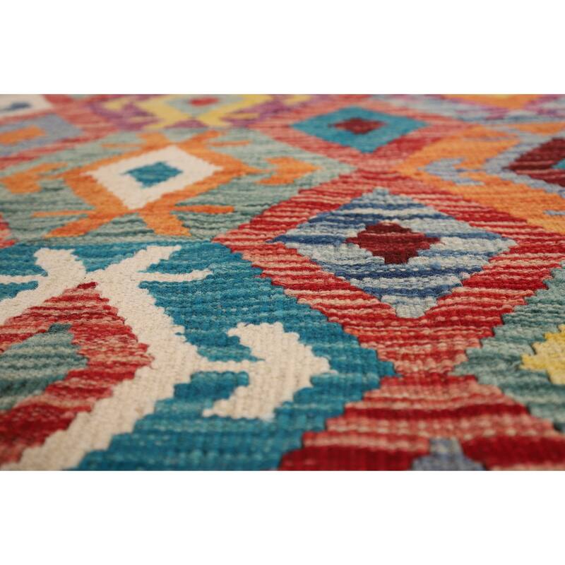 Multi-Color Geometric Kilim Area Rug Flatweave Wool Carpet - 8'5" x 9'6"