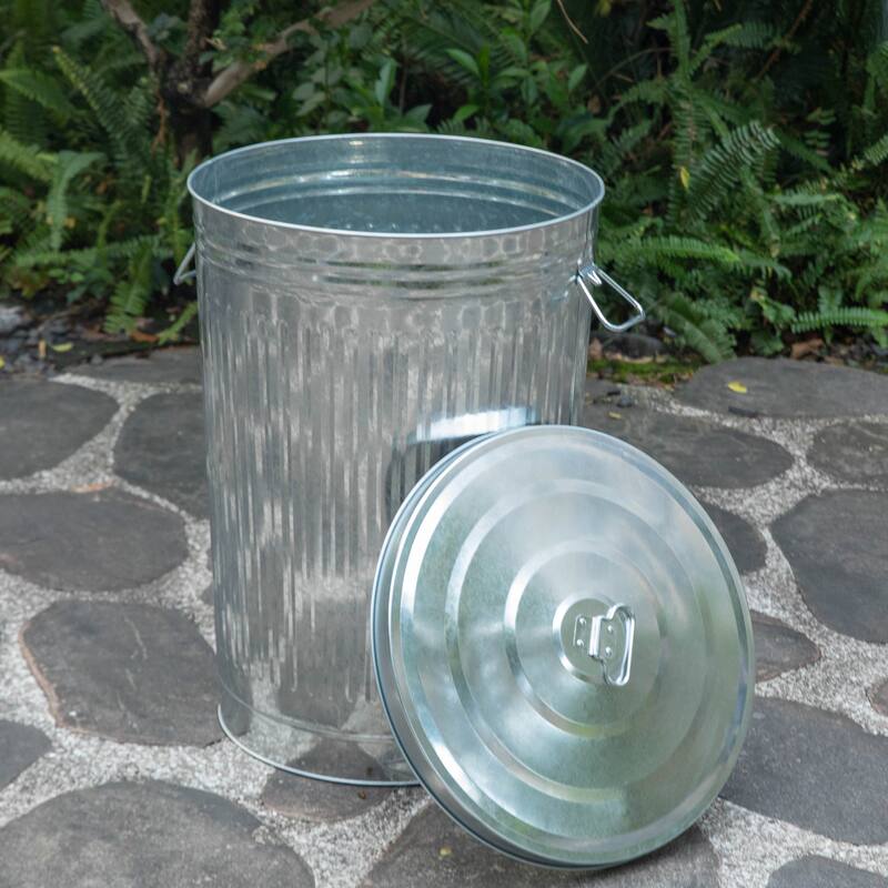 Round Galvanized Steel, Trash Can with Lid - Durable Metal Bucket for Backyard, Lawn, Garden and Yard Use