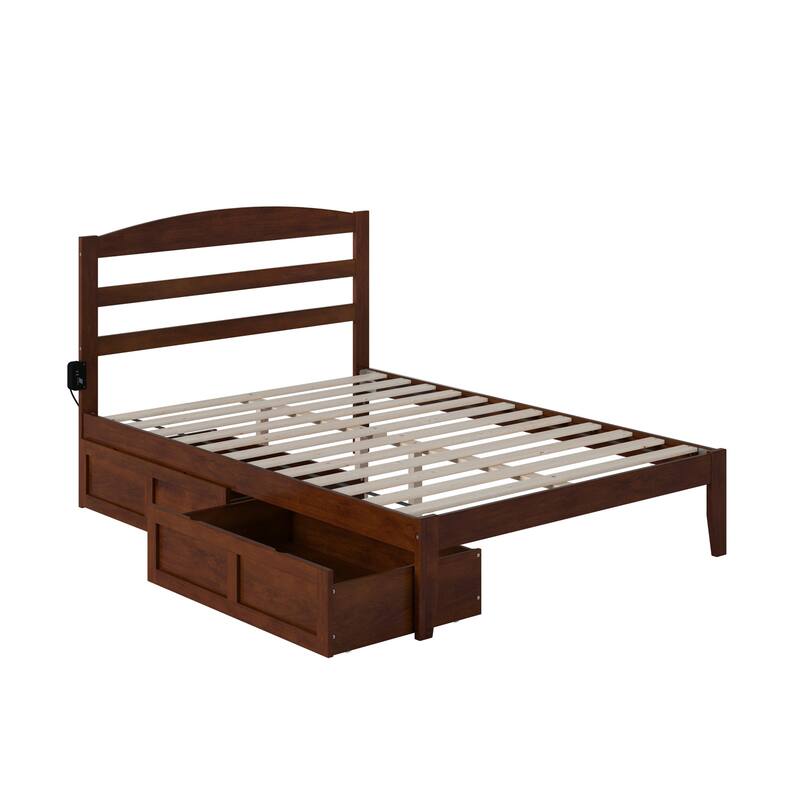 Platform Bed with Drawers, Full Size Bed Frame, Solid Wood & Veneer, Walnut Finish, Modern Bedroom Furniture