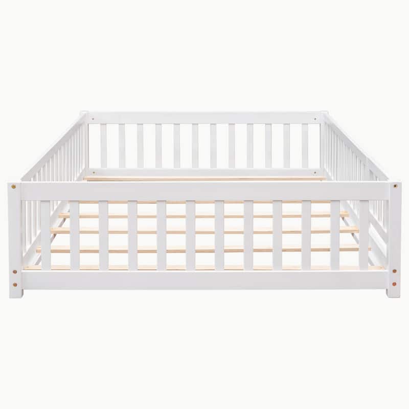 Pine Wood Floor Platform Bed with Fence and Door