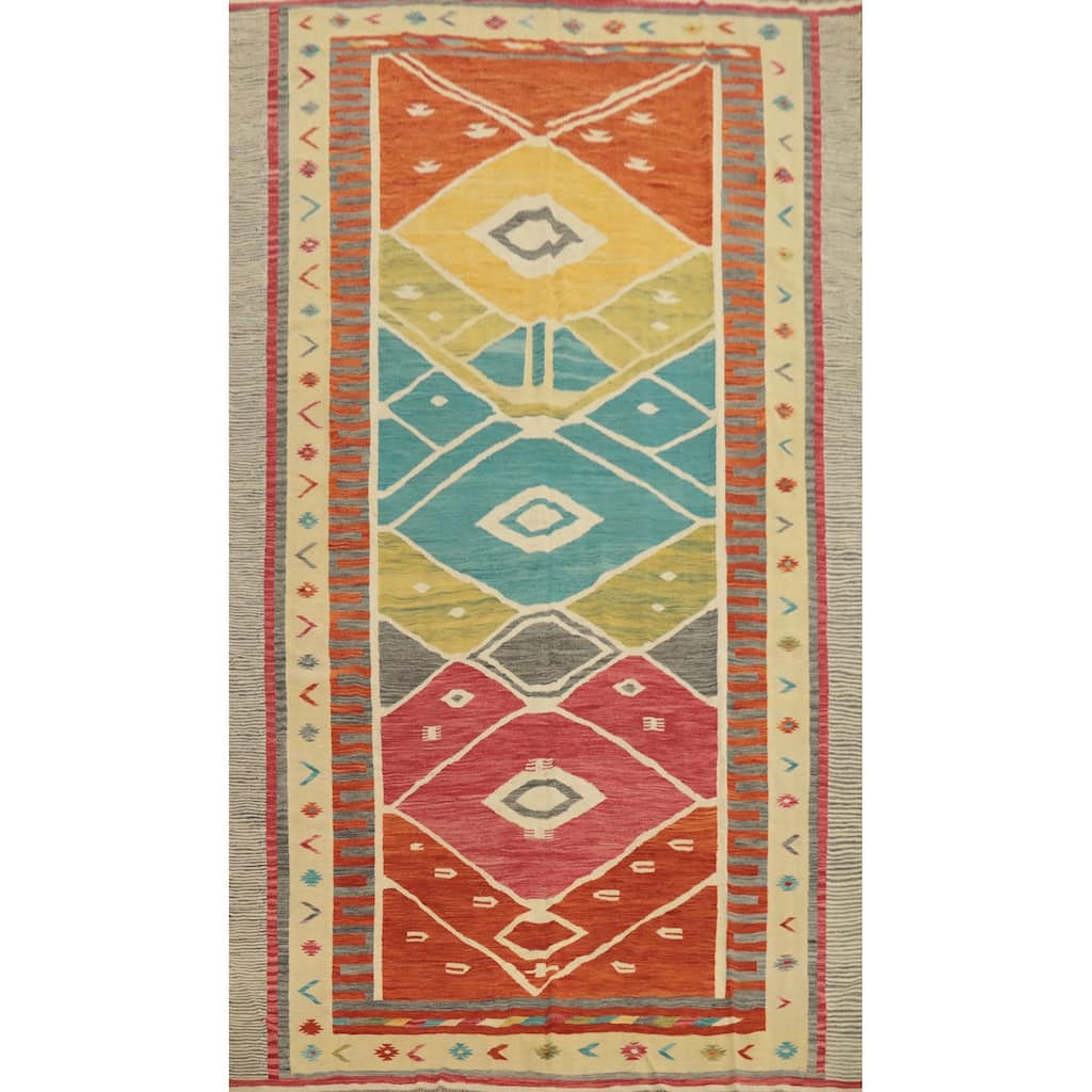 Hand Woven Oriental 100% Wool Carpet Southwestern Geometric Multi-Colored Kilim Area Rug - 12' 8'' X 9' 5''