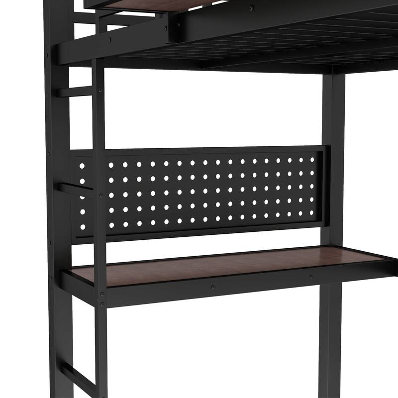 Metal Loft Bed with Desk & Storage Basket, Includes Alarm Clock & Charging Port, Queen/Full/Twin XL