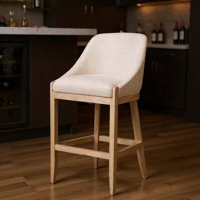 HomeRoots 31" Beige and Natural Fabric and Solid Wood Bar Height Bar Chair