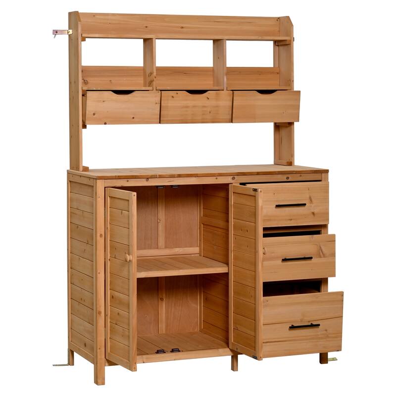 Roomfitters Garden Potting Bench with Storage Hutch, Outdoor Potting Table with 6 Drawers and Cabinets, Shelves