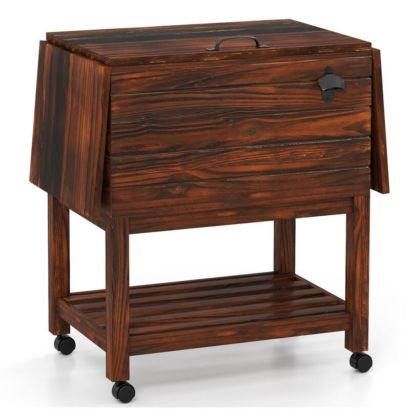 Rustic Brown Pine Wood Patio Cooler 54QT with Wheels and Folding Shelves - 50" L x 16.5" W x 29" H