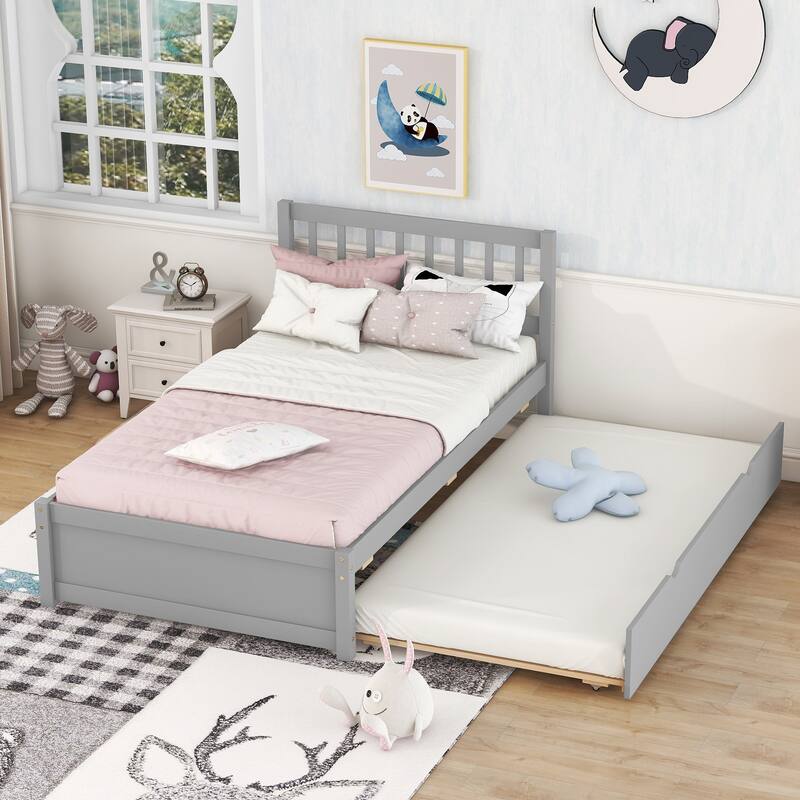Twin Size Wooden Platform Bed Frame with Trundle Bed & Headboard