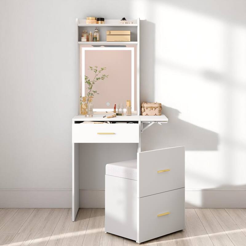 Compact Makeup Vanity Table for Small Spaces - LED Mirror, Fold-Up Panel, Charging Station & Storage Stool - White