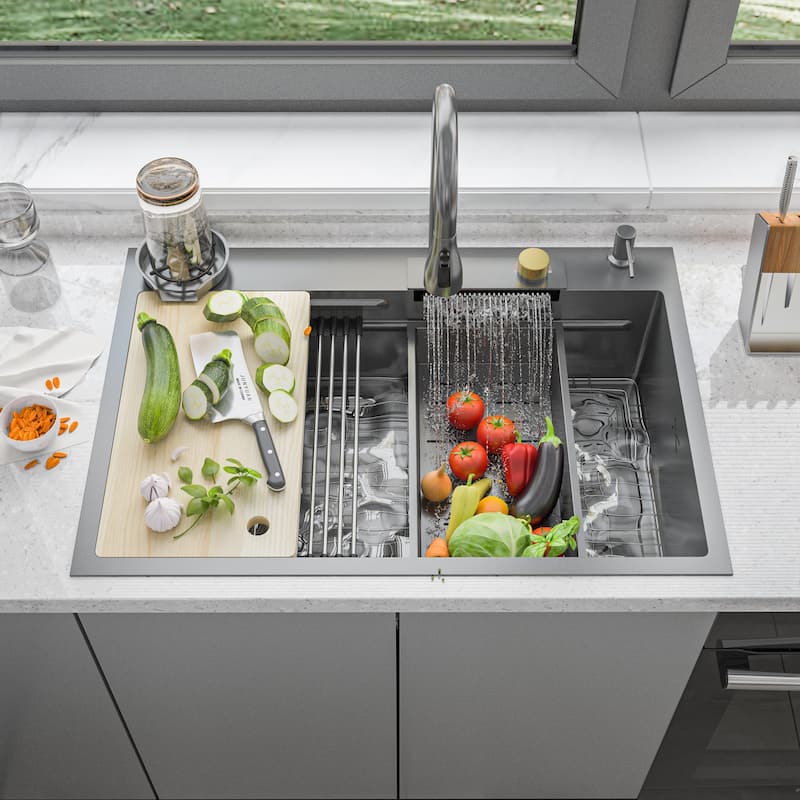 All-in-One Stainless Steel 33.2 in. Bowl Kitchen Workstation Sink