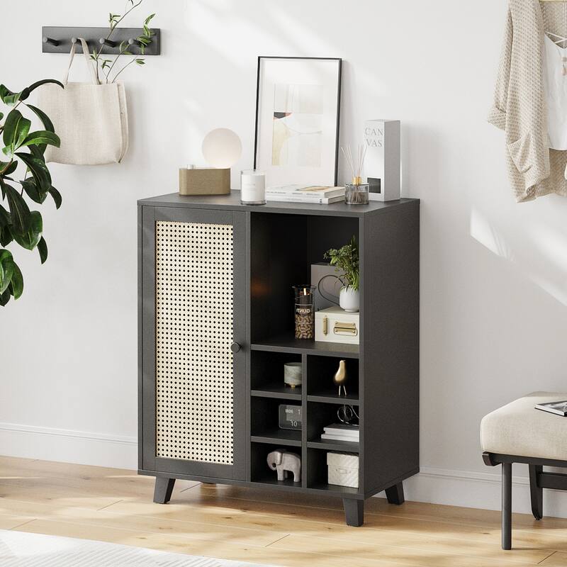 Rossetta 47'' Modern Rattan-Front Door Sideboard Cabinet with Open Shelves and Protective Foot Pads