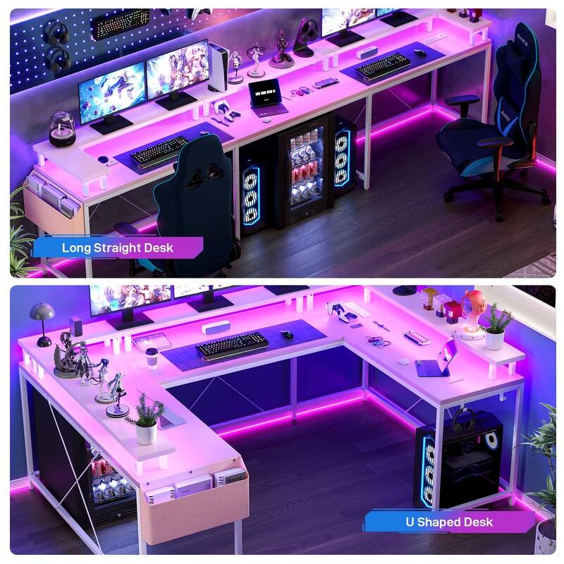 U Shaped Desk, 126 Inch Gaming Desk with Monitor Stand and LED Lights