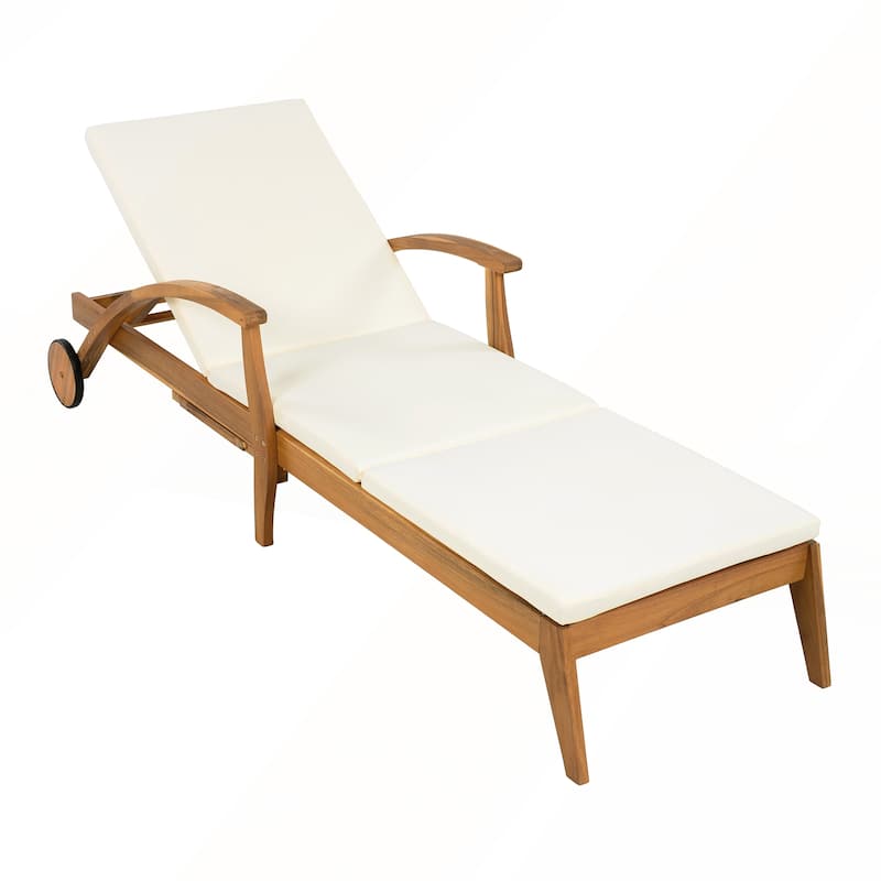 Acacia Wood Wheeled Chaise Lounge Adjustable Backrest Cushion