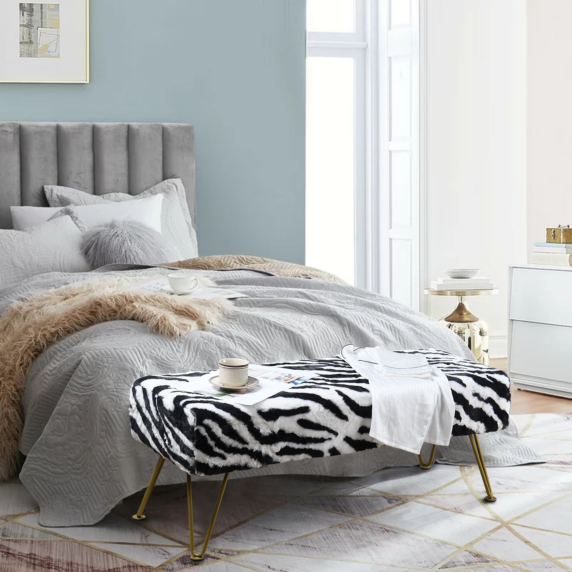Home Soft Things Zebra Fauxfur Ottoman with Gold Metal Legs. - Picture 7 of 14