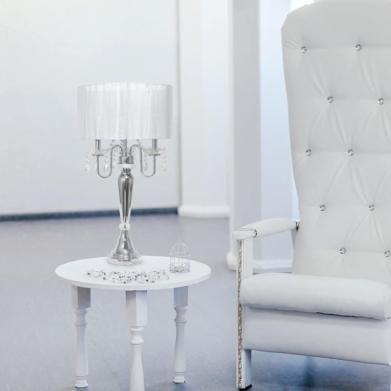 Chrome Cascading Crystal Table Lamp with Round Shade - 31" - White