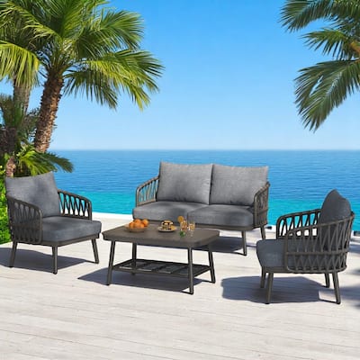 4-Piece Outdoor Conversation Set with Woven Rope U-Shaped Backrest, Acacia Wood Coffee Table, Water-Repellent Cushions