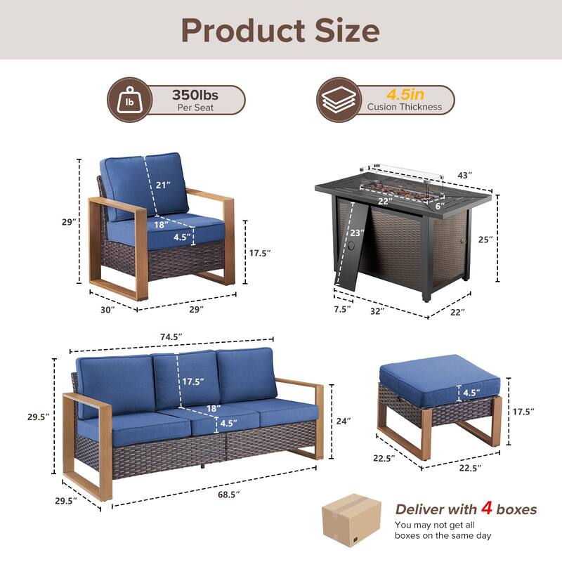 Meyreso Wicker Patio Conversation Set with Metal Fire Pit Table & Olefin Cushions