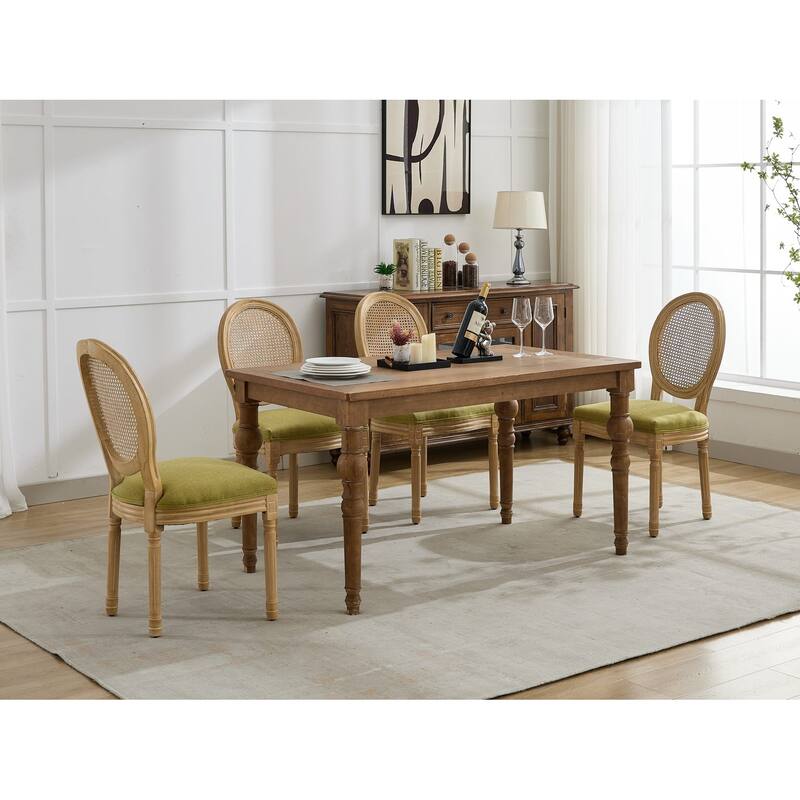 2-Piece Set, French Linen Rattan Dining Chairs with Solid Wood Frame and Antique Finish, for Dining Rooms, Olive Green