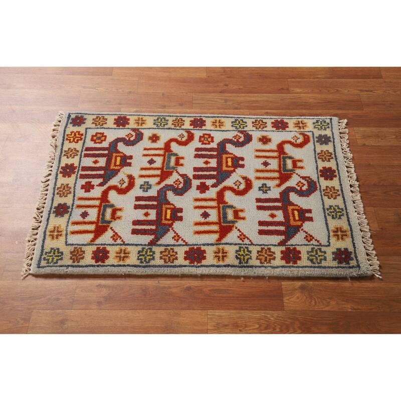 Hand Knotted Oriental 100% Wool Carpet Traditional Tribal Greys & Charcoal Art Deco Area Rug - 3' 0'' X 2' 0''