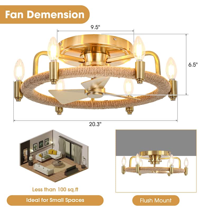 20.4" Farmhouse Gold Hemp Rope Chandelier Low Profile Caged Ceiling Fan with Light - 20.35 in. D x 20.35 in. W x 6.54 in. H