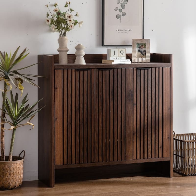 5-Tier Shoe Cabinet with Breathable Louver Doors and Adjustable Shelves - Walnut