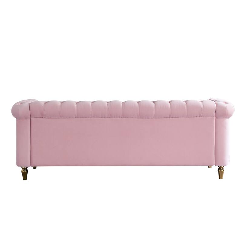 Velvet Chesterfield Sofa, 3-Seater with Rolled Arms, Tufted Back, Metal Legs for Living Room