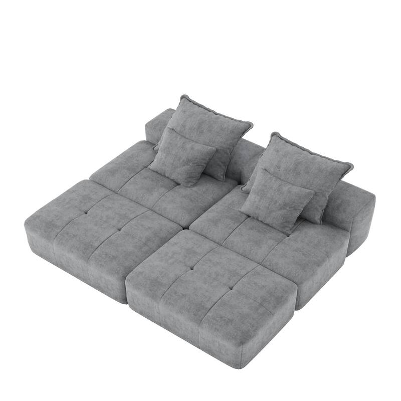 Floor Sofa Sectional Couch with 2 Ottoman, Modern Oversized Chenille Modular Sofa with 4 Pillows for Apartment