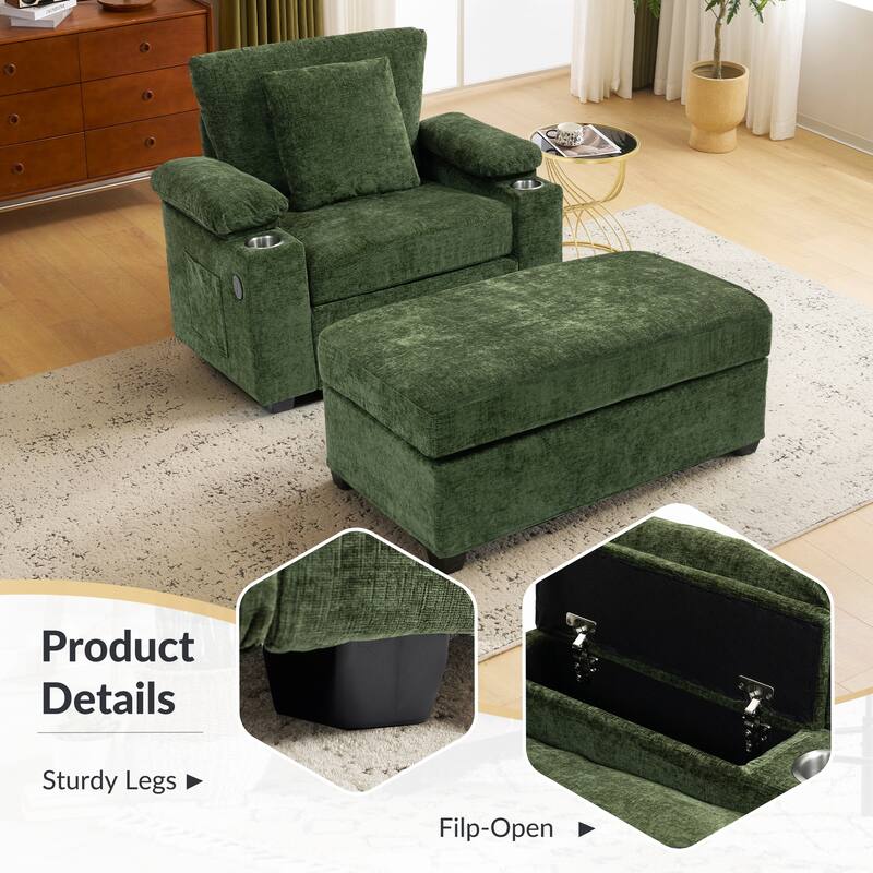 Modern Chenille Fabric Sofa Bed with Cupholders and USB Charging Ports