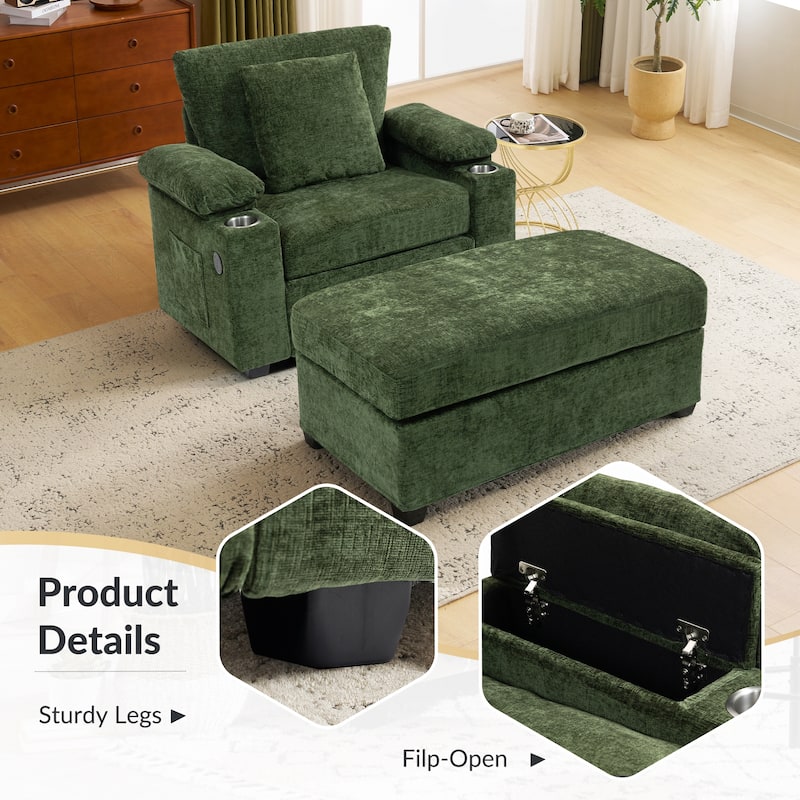 Modern Oversized Chair with Ottoman,Chenille Fabric Sofa Bed,Accent Chair Comfy Sofa with Cupholders and USB Charging Ports
