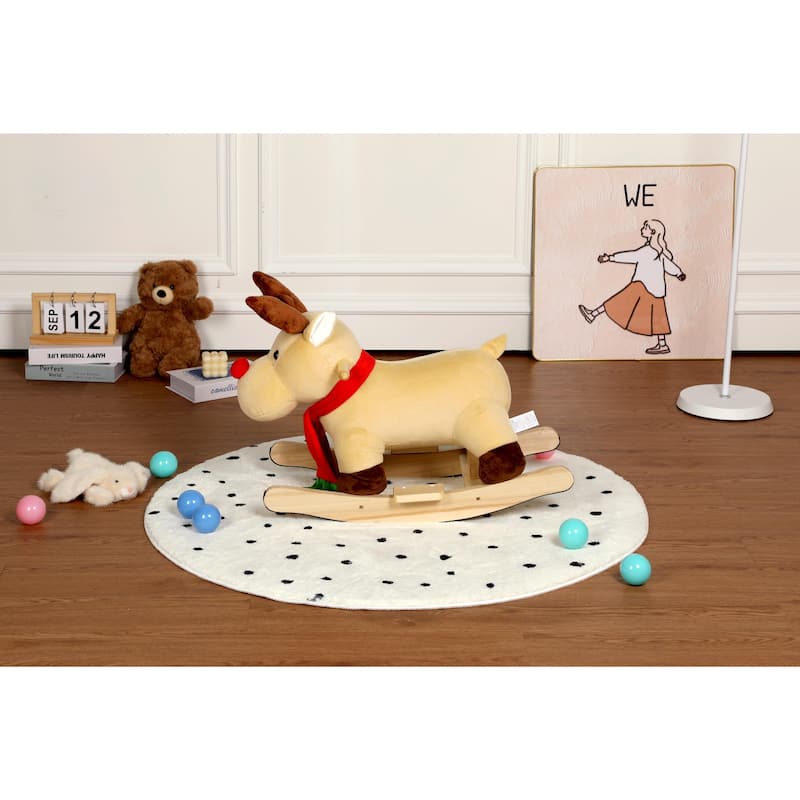 Kids Ride-On Rocking Horse Toy with Lullaby Song, Rocking Toy with Hand Puppets & Safety Belt