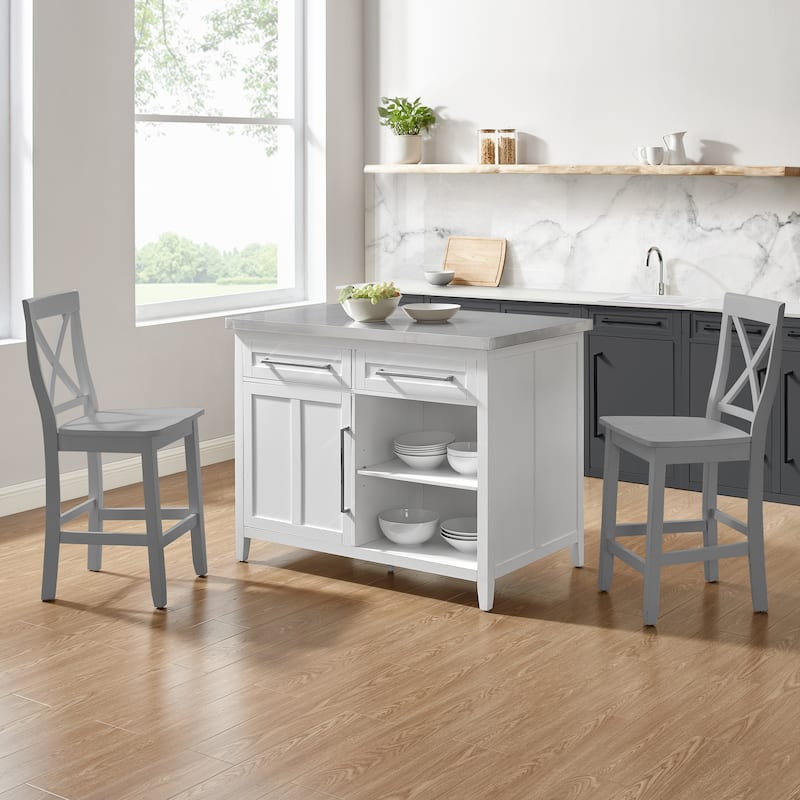 Crosley Silvia Stainless Steel Top Kitchen Island W/X-Back Stools - 57"d x 46"w x 41"h