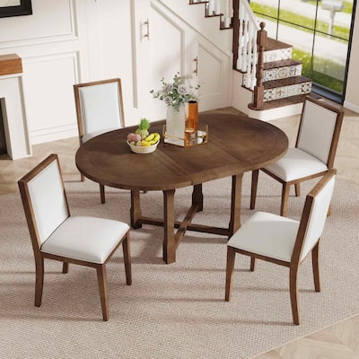 Farmhouse Extendable Dining Table Set Upholstered Chair 5-piece