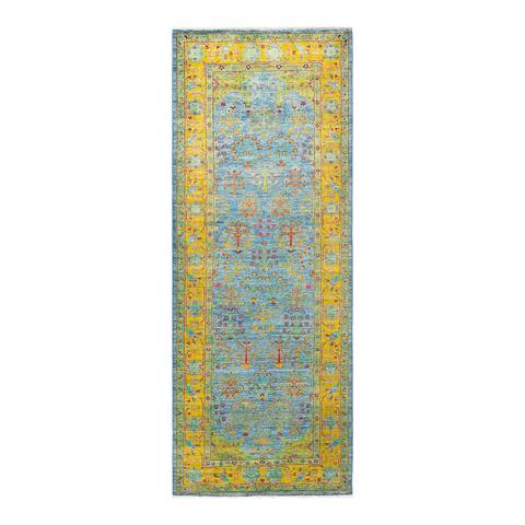 Eclectic, One-of-a-Kind Hand-Knotted Area Rug - Light Blue, 4' 1" x 10' 6" - Runner