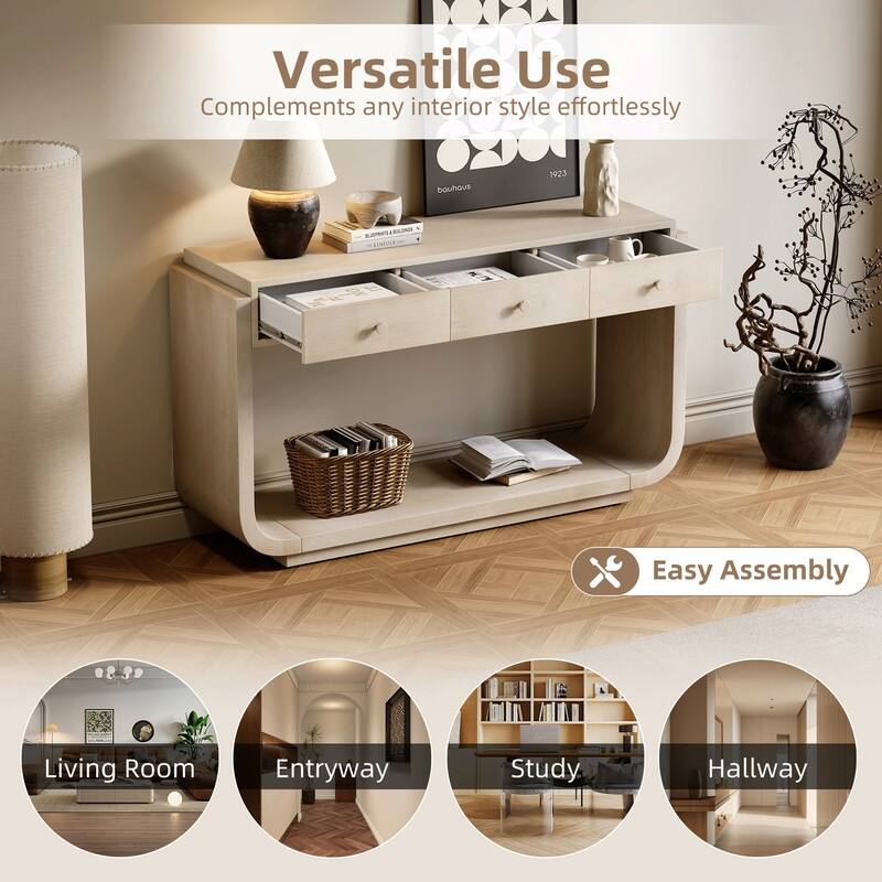 Mid-Century Modern Console Table with 3 Storage Drawers and Display Shelf for Entryway or Living Room Use