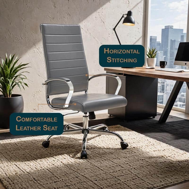 Benmar High-Back Leather Office Desk Chair in Stainless Steel Frame Adjustable Height Tilt Lock 360 Swivel Ergonomic Chair