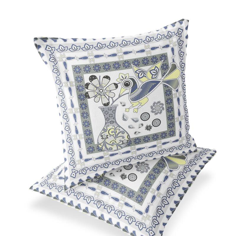 HomeRoots Set of Two 16" X 16" Gray and White Peacock Blown Seam Floral Indoor Outdoor Throw Pillow - 16.00' X '16.00' X '5.00