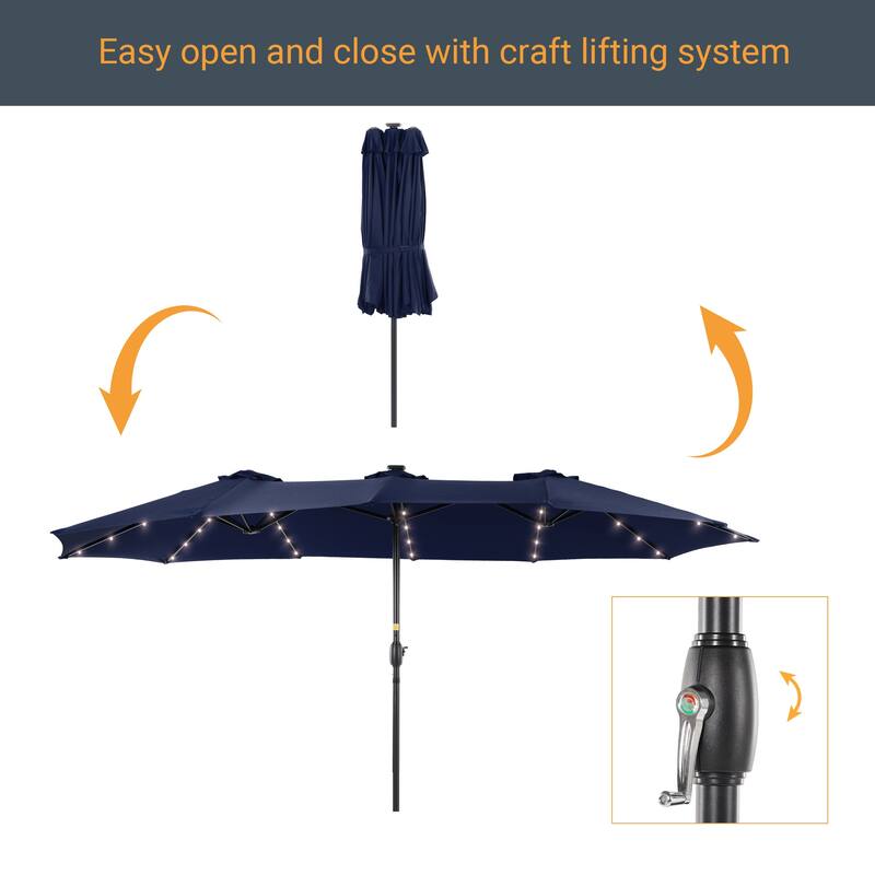 Livoosun 15×9FT LED Double-sided Patio Umbrella with BASE UPF50+ and Handle, and Wind-Resistant Design