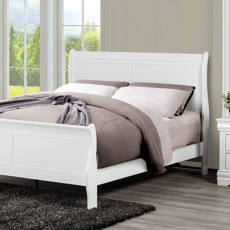 Full Size White Sleigh Bed with Wooden Bracket Feet