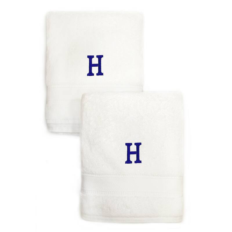 Sweet Kids 2-piece White Turkish Cotton Hand Towels with Royal Blue Monogrammed Initial - White/H